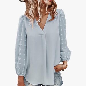 Light Blue 2XL V-Neck Blouse with Sheer Dot Sleeves